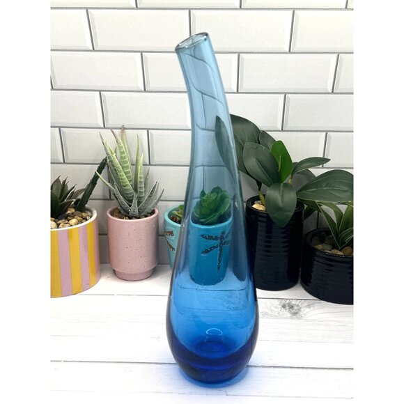 IKEA Blue Hand-Blown Art Glass Teardrop Vase With Curved Neck - Picture 8 of 9